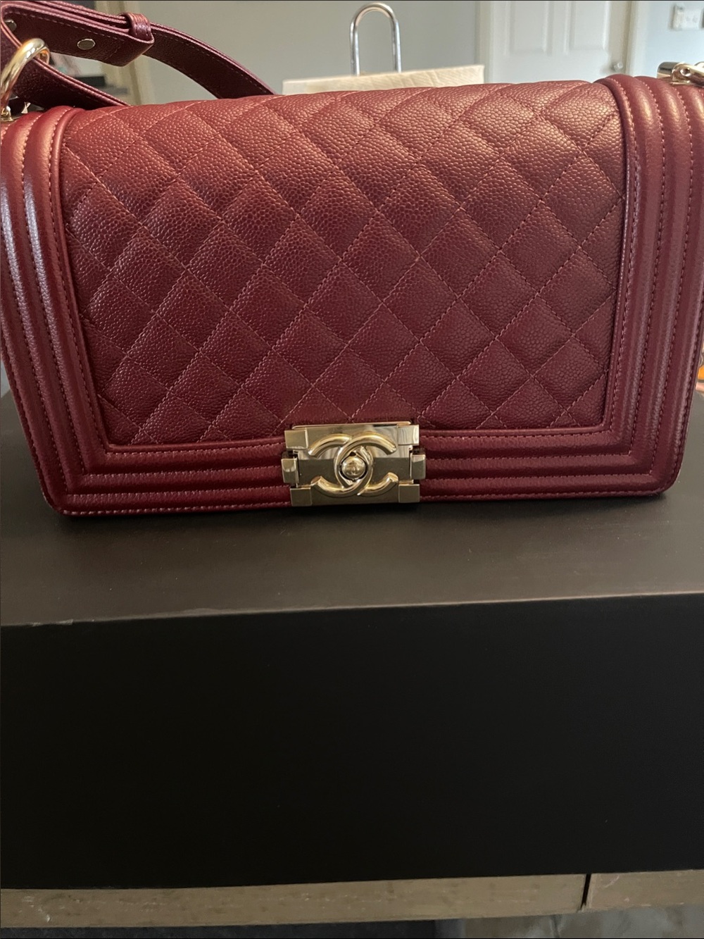 CHANEL Quilted Boy Shoulder Bag in Burgundy with Gold Hardware
